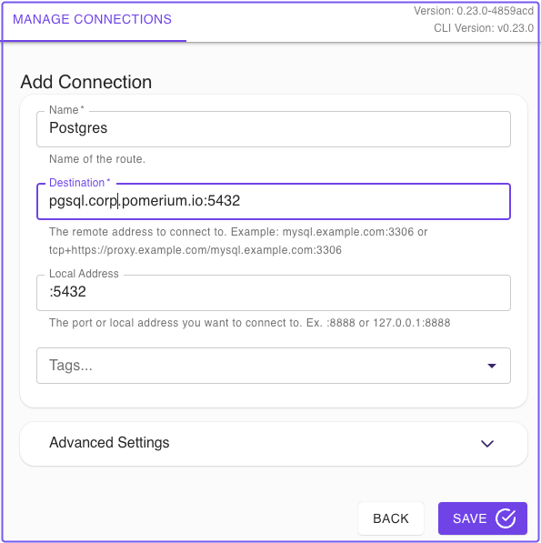 Adding a TCP route in Pomerium Desktop to a Postgres instance